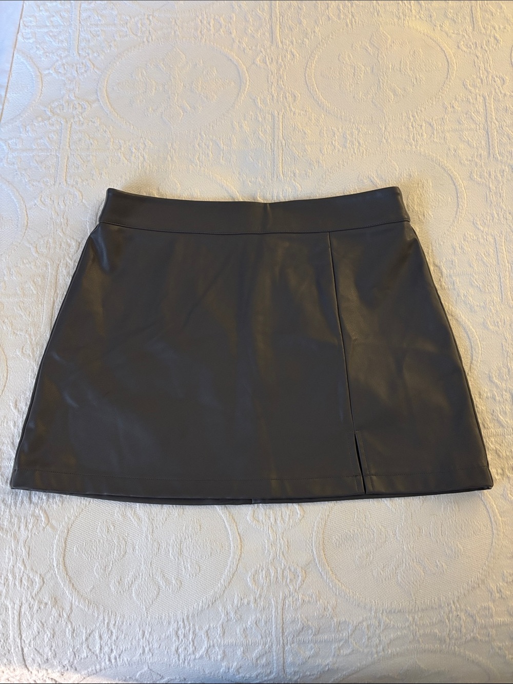 Faux Leather dark gray Mini Skirt with Front Slit